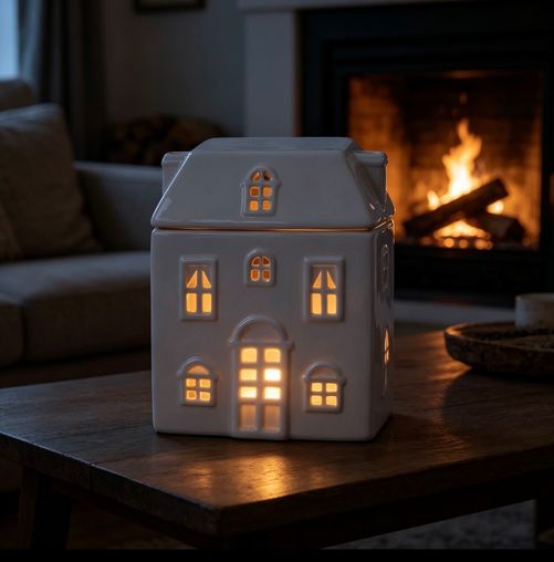 Large Ceramic House-Shaped Wax Burner – Off-White Matte Finish | Decorative Electric Wax Melter for Cozy Home Ambiance