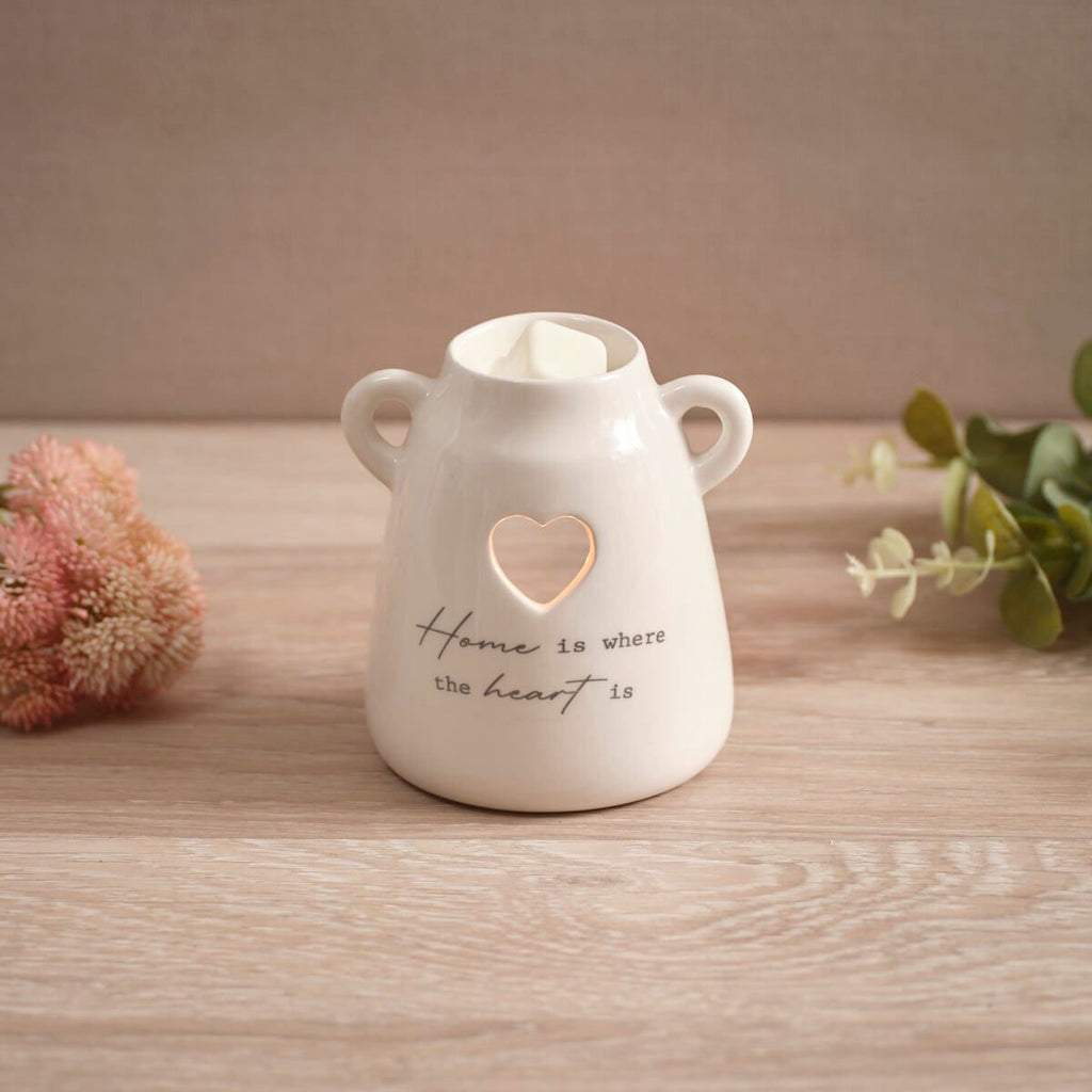 Sentiment home is where the heart is ceramic burner with handles and heart cut out