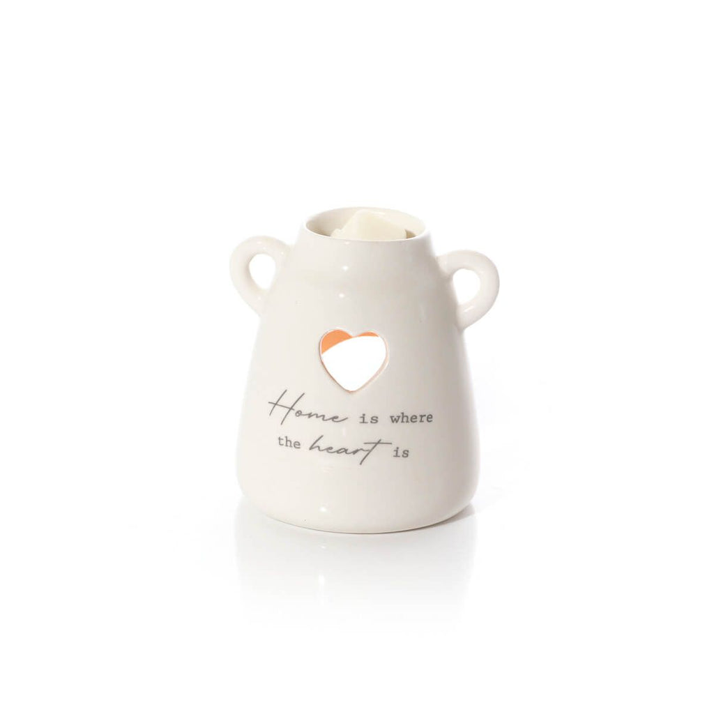 Sentiment home is where the heart is ceramic burner with handles and heart cut out
