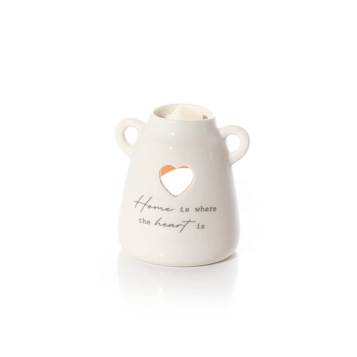 Sentiment home is where the heart is ceramic burner with handles and heart cut out