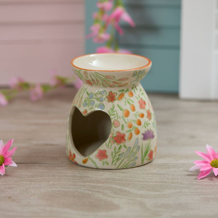 Colorful Floral Stoneware Wax Burner – Cream Base with Vibrant Pink, Orange & Green Botanicals | Glossy Finish Round Top Warmer