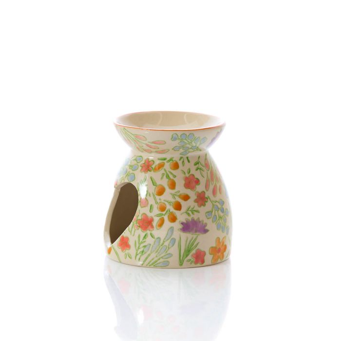 Colorful Floral Stoneware Wax Burner – Cream Base with Vibrant Pink, Orange & Green Botanicals | Glossy Finish Round Top Warmer