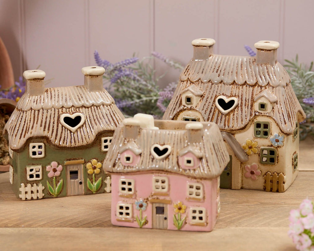 Stoneware Pink Thatched Cottage Wax Melt Burner with Embossed Flowers