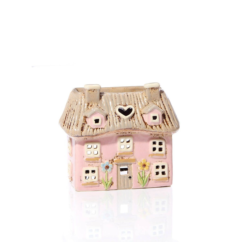 Stoneware Pink Thatched Cottage Wax Melt Burner with Embossed Flowers