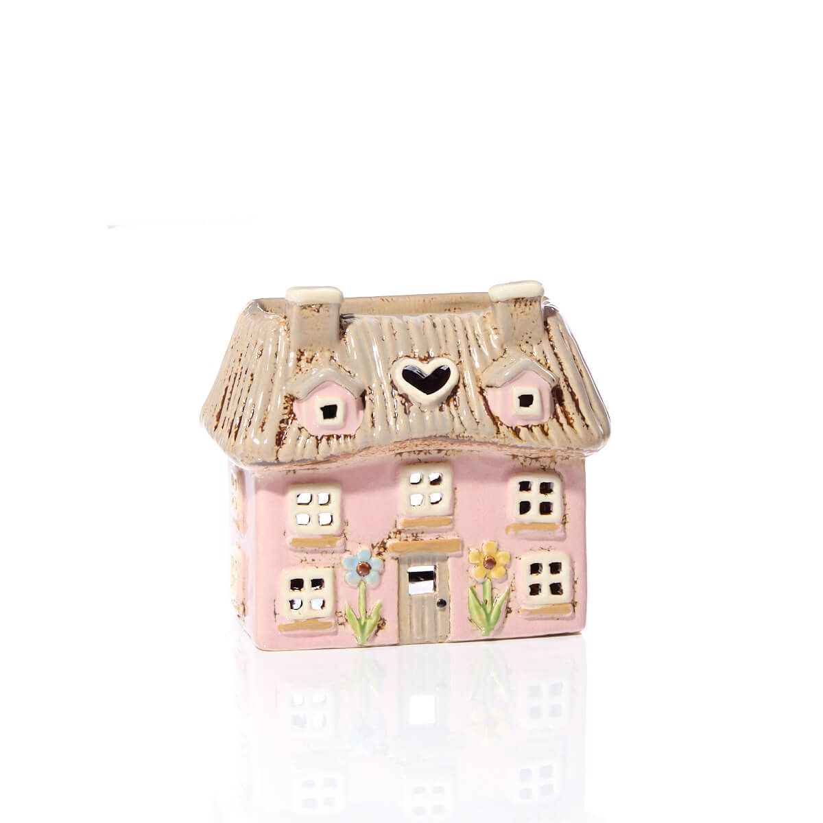 Stoneware Pink Thatched Cottage Wax Melt Burner with Embossed Flowers