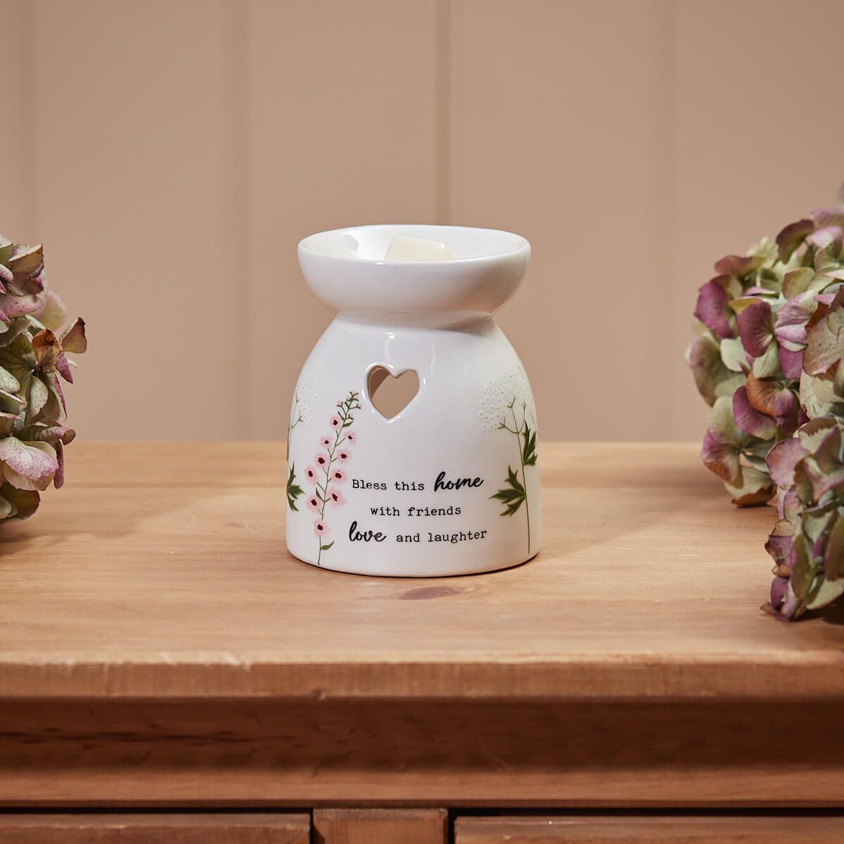 "Bless This Home" Ceramic Wax Melt Burner with Floral Detail