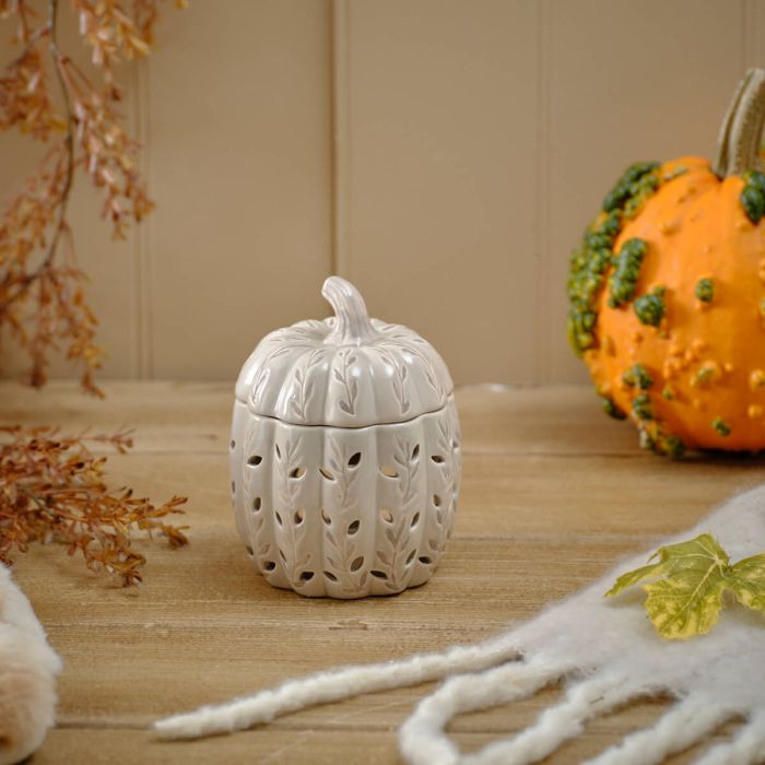 Autumn Pumpkin Ceramic Wax Burner – Beige Glossy Finish with Cut-Out Leaf Design & Removable Lid | Cozy Fall Home Decor