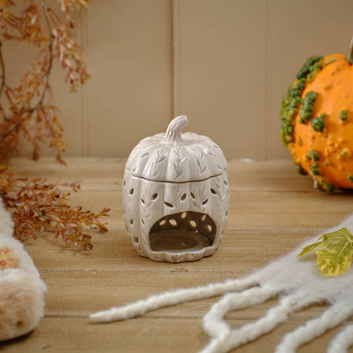 Autumn Pumpkin Ceramic Wax Burner – Beige Glossy Finish with Cut-Out Leaf Design & Removable Lid | Cozy Fall Home Decor