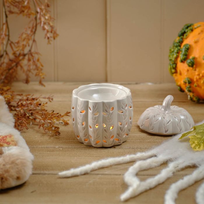 Autumn Pumpkin Ceramic Wax Burner – Beige Glossy Finish with Cut-Out Leaf Design & Removable Lid | Cozy Fall Home Decor