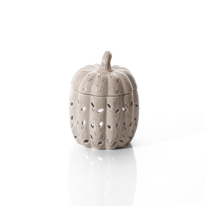 Autumn Pumpkin Ceramic Wax Burner – Beige Glossy Finish with Cut-Out Leaf Design & Removable Lid | Cozy Fall Home Decor