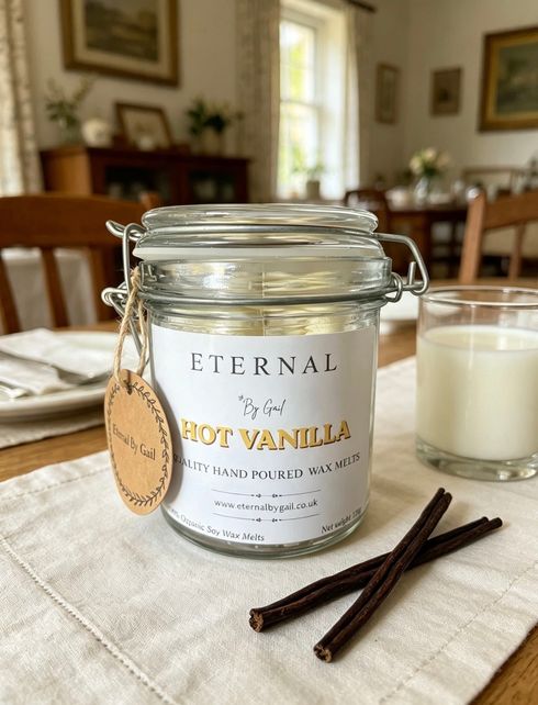 Hot Vanilla 120g jar of soy heart shape wax melts with wooden spoon