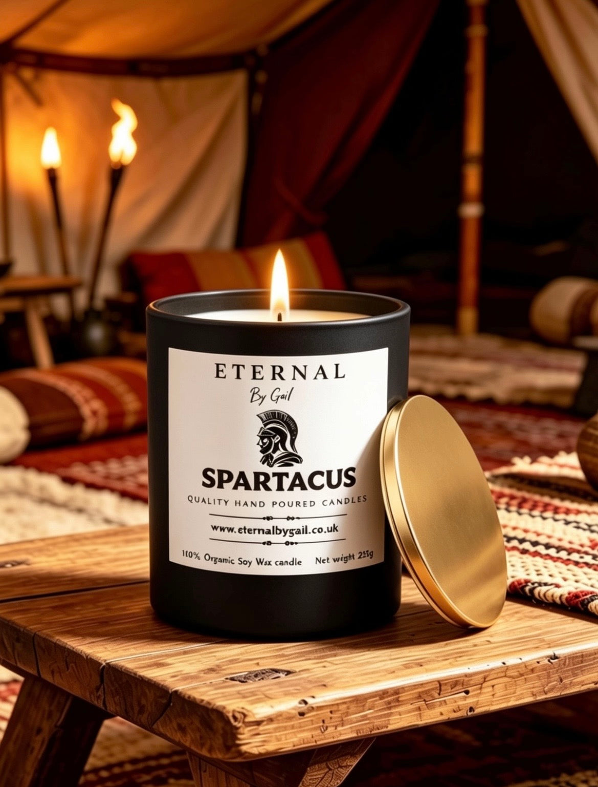 Spartacus 220g 100% Soy Wax Mans Candle with a gold lid
