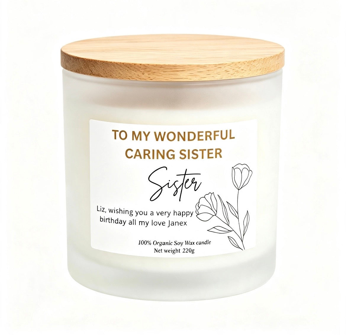 "To My Wonderful Caring Sister" Happy Birthday Soy Wax Candle – Heartfelt Gift & Home Decor (220g)
