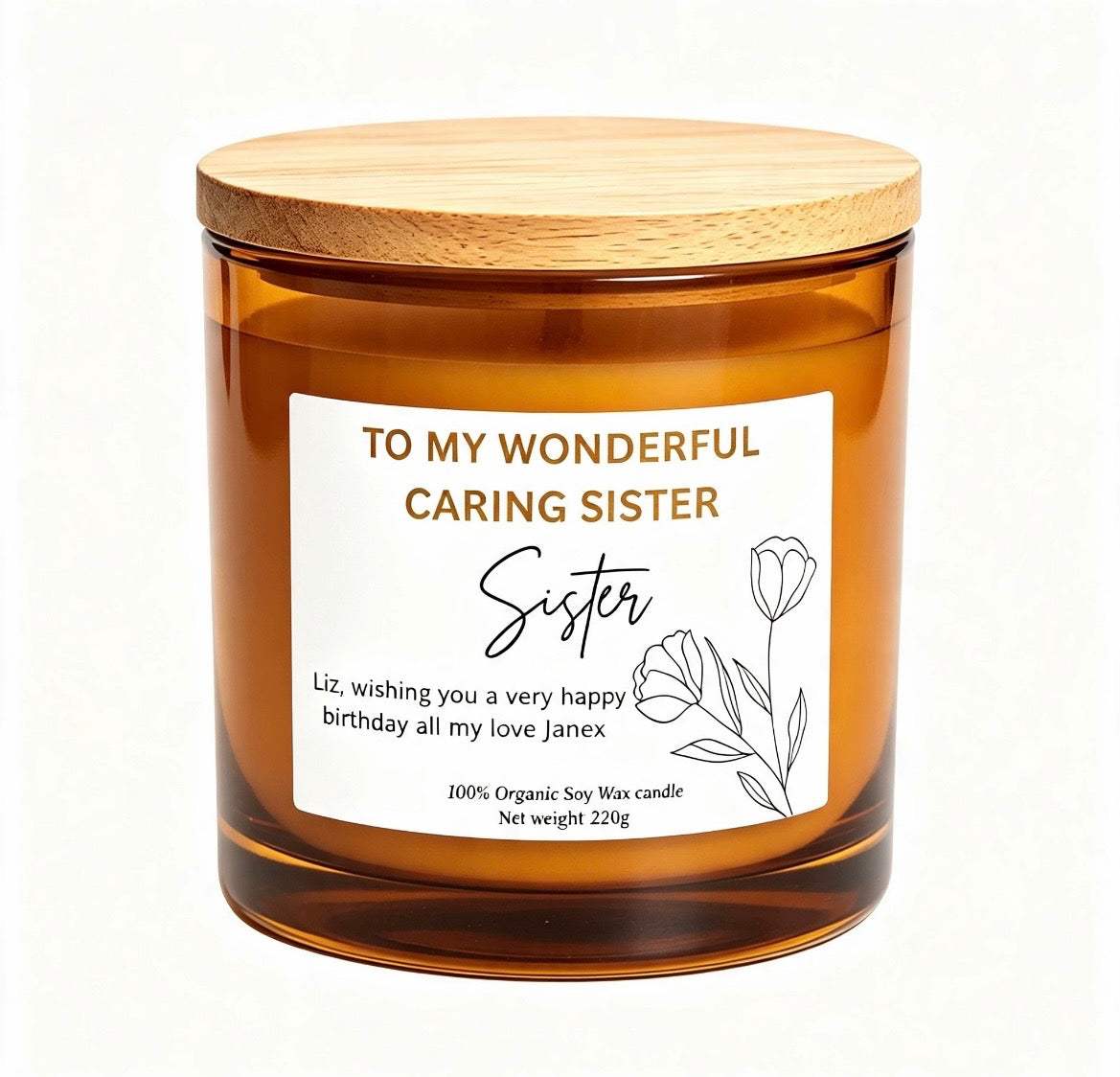 "To My Wonderful Caring Sister" Happy Birthday Soy Wax Candle – Heartfelt Gift & Home Decor (220g)
