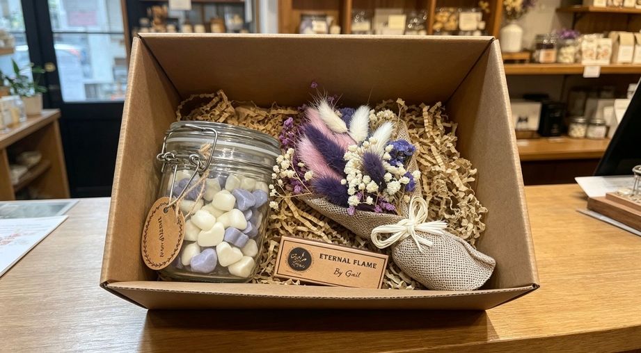 This beautifully curated box combines the natural beauty of a small flower bouquet with the cozy ambiance of home fragrance, all wrapped in classic hessian for a touch of countryside charm.